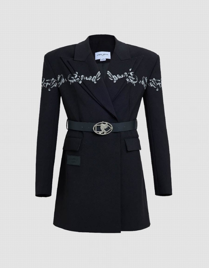 Blazer Urban Revivo Letter Printed Tailored With Belt Femme Noir | UDJ7342RV