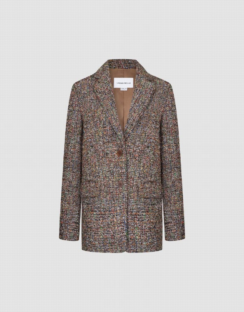 Blazer Urban Revivo Notch Lapel Tweed Femme Marron Multicolore | UUC1516LM