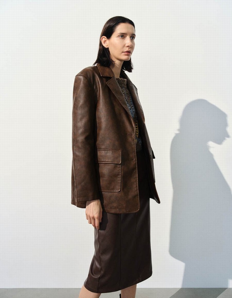 Blazer Urban Revivo Notch Lapel Vegan Cuir Tailored Femme Marron | UJC8280OH
