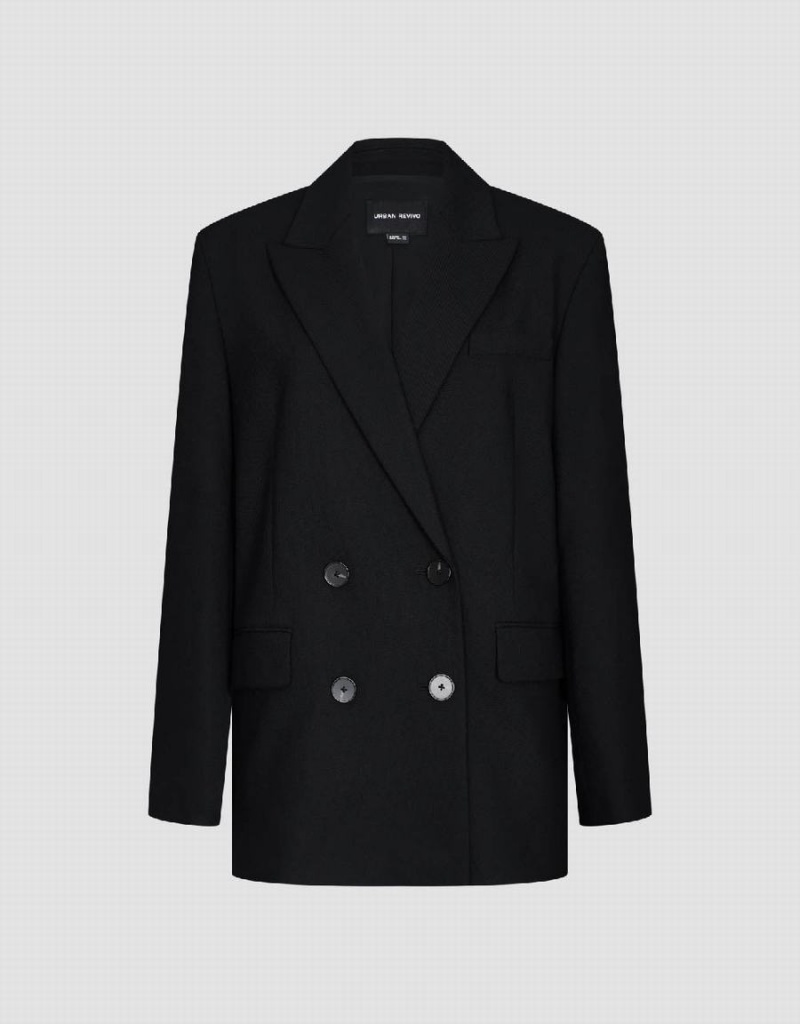 Blazer Urban Revivo Peak Lapel Double Breasted Tailored Femme Noir | JHD1143DI