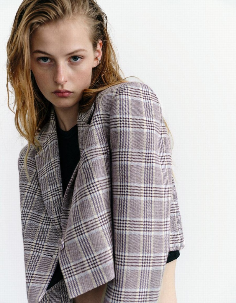 Blazer Urban Revivo Plaid Cropped Femme Rouge | GEA5582WA