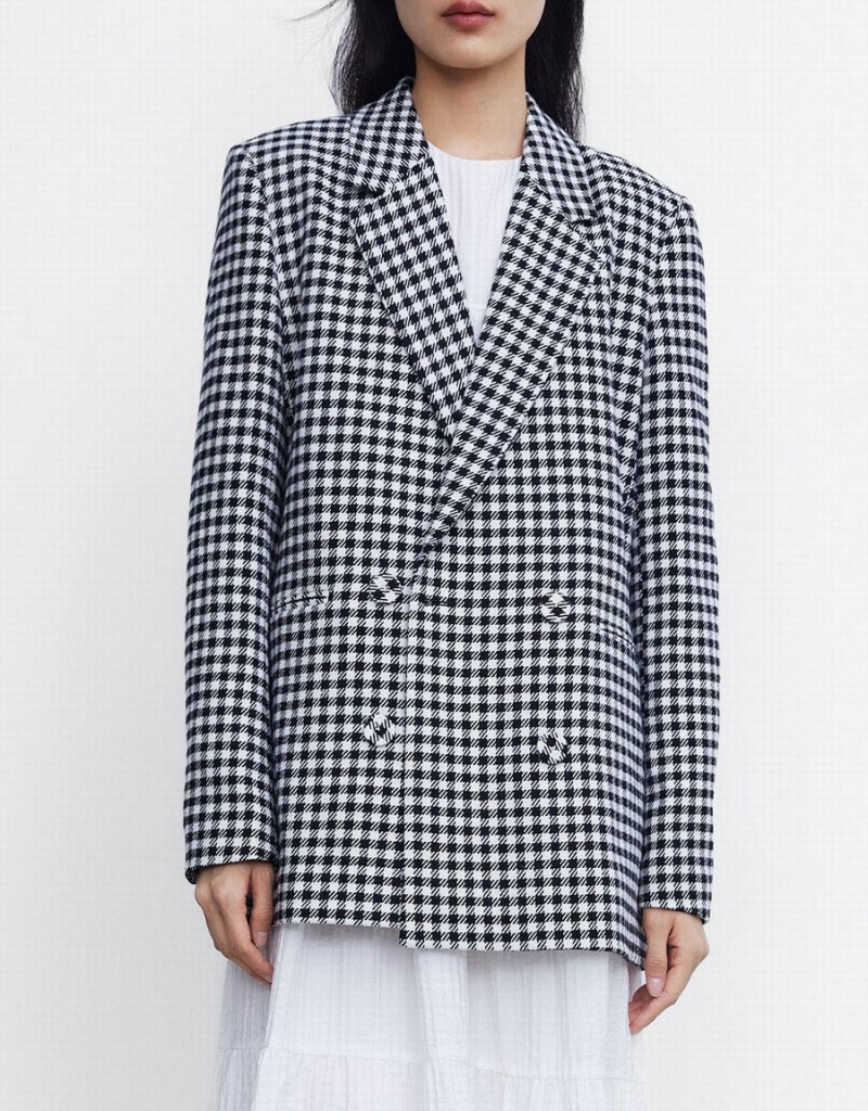 Blazer Urban Revivo Plaid Double Breasted Femme Grise | MPI593MG