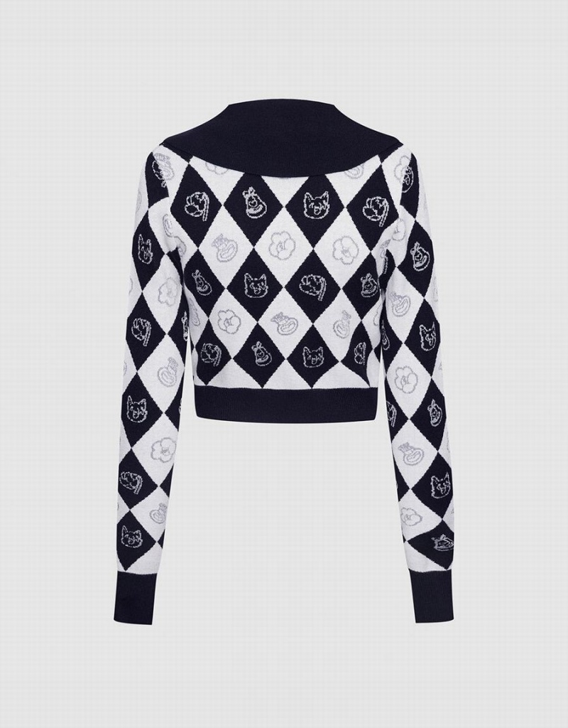 Cardigan Urban Revivo Argyle Contrast Collar Button Up Femme Grise | YCG4661LR