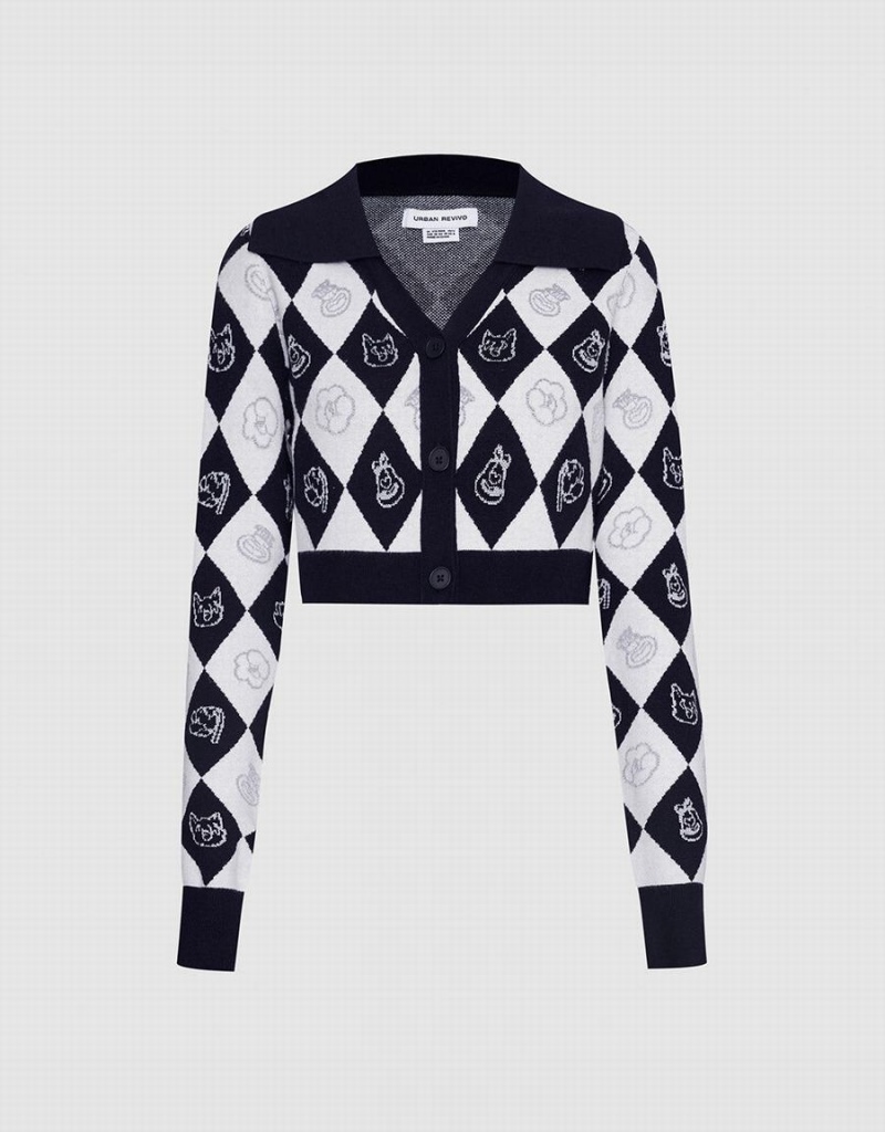Cardigan Urban Revivo Argyle Contrast Collar Button Up Femme Grise | YCG4661LR