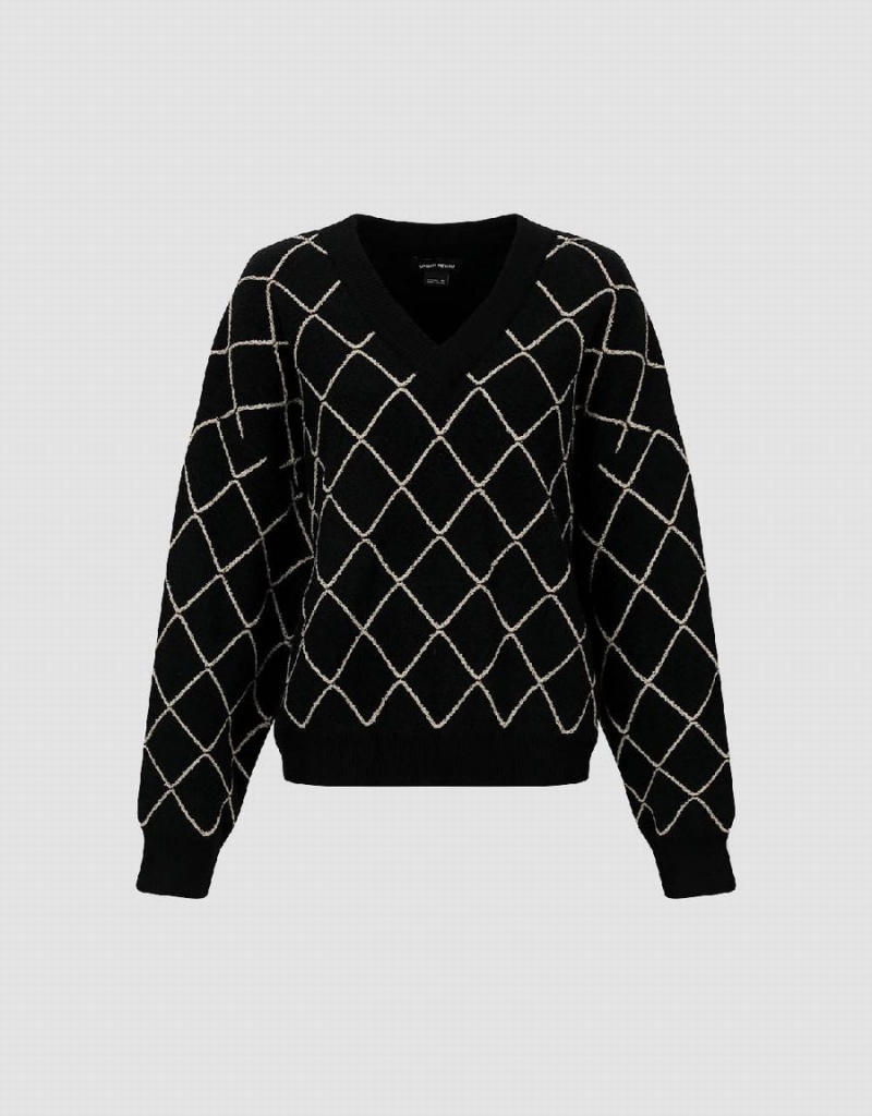 Cardigan Urban Revivo Argyle Printed V-Neck Tricoté Femme Noir | WFS5161MA