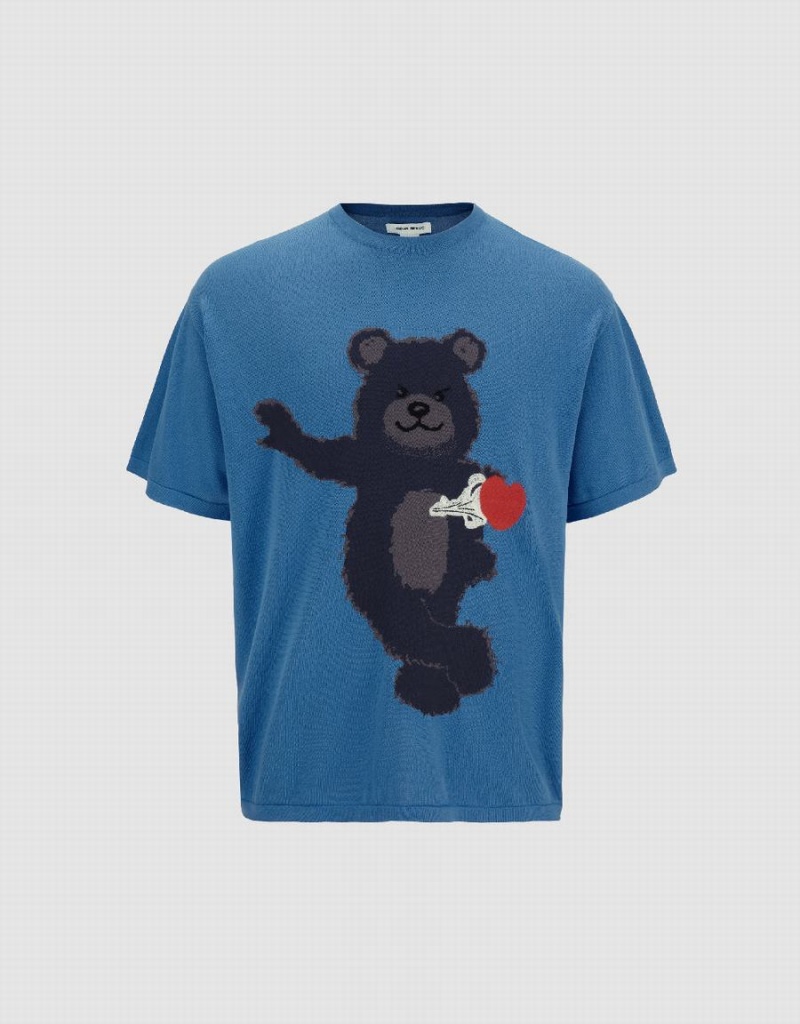 Cardigan Urban Revivo Bear Printed Tricoté Homme Bleu | ECB6165WX