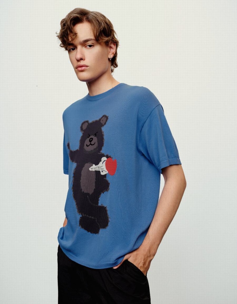 Cardigan Urban Revivo Bear Printed Tricoté Homme Bleu | ECB6165WX