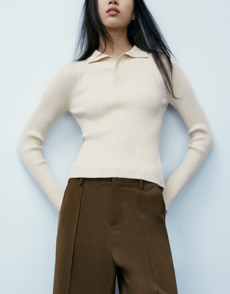 Cardigan Urban Revivo Button Half Placket Tricoté Femme Beige | MPY1559PK