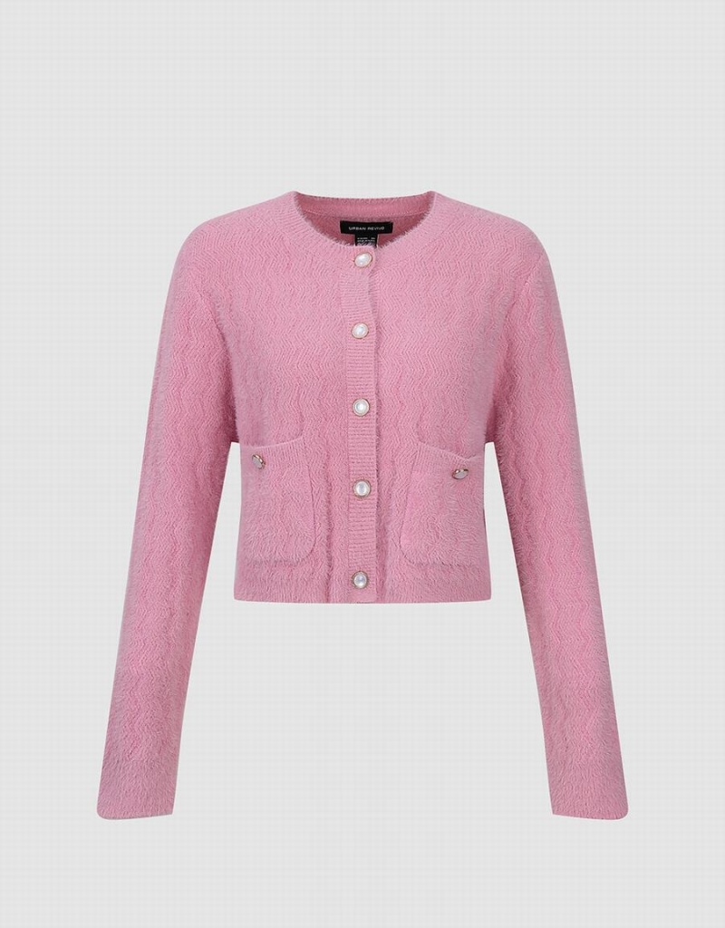 Cardigan Urban Revivo Button Up Crew Neck Tricoté Femme Rose | ZKM4680CH