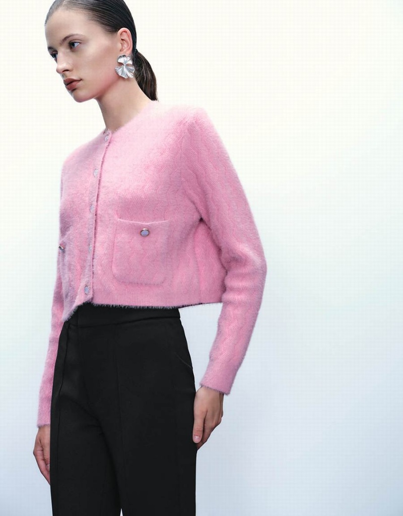 Cardigan Urban Revivo Button Up Crew Neck Tricoté Femme Rose | ZKM4680CH