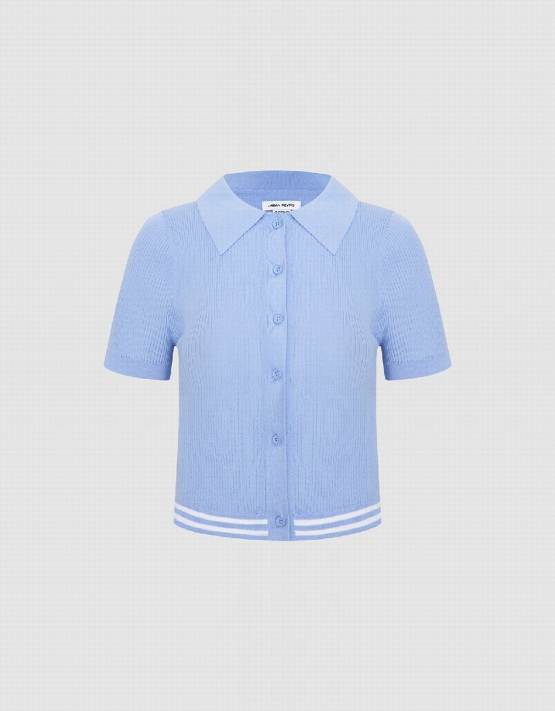 Cardigan Urban Revivo Button Up Rib Tricoté Femme Bleu | ZFX3145EC