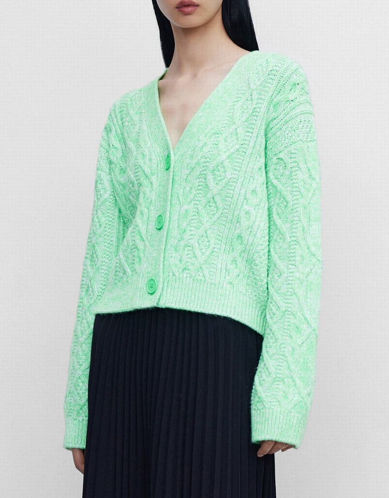 Cardigan Urban Revivo Cable Knit V Neck Button Up Femme Vert | MFM6316RL