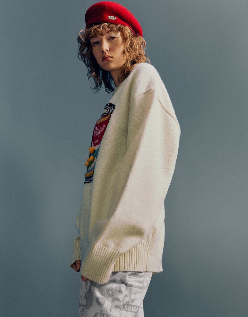 Cardigan Urban Revivo Can Embroidered Crew Neck Tricoté Femme Blanche | SEL6226PN