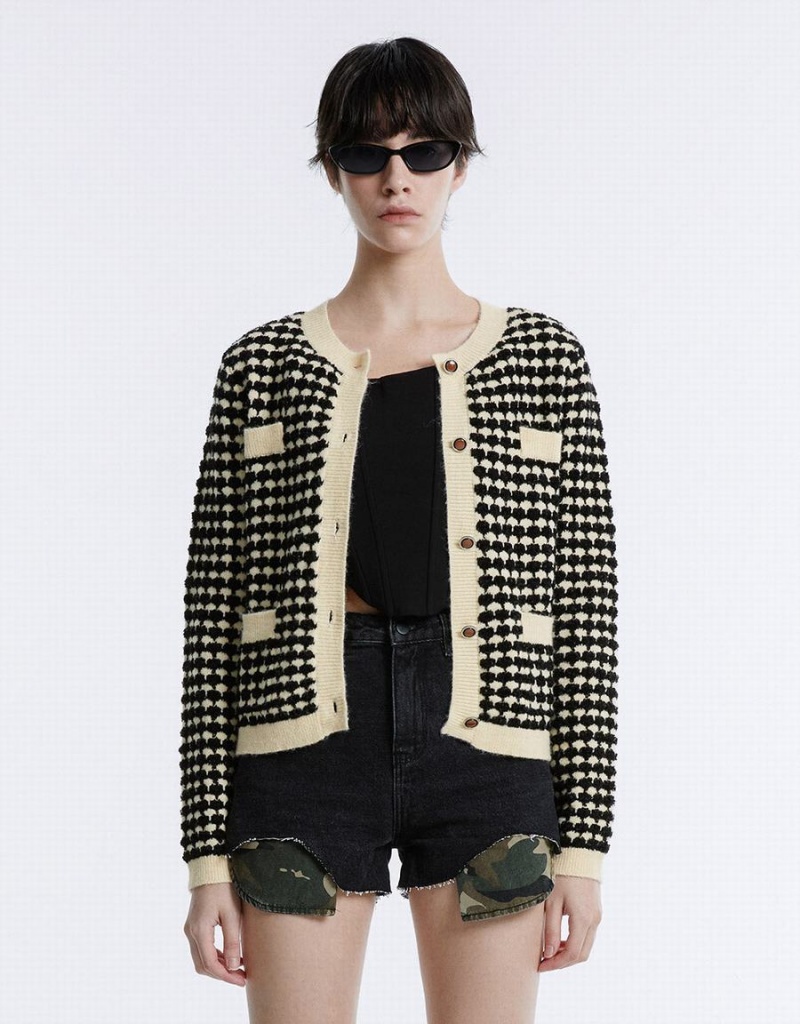 Cardigan Urban Revivo Checkered Femme Blanche | UVG6438HC