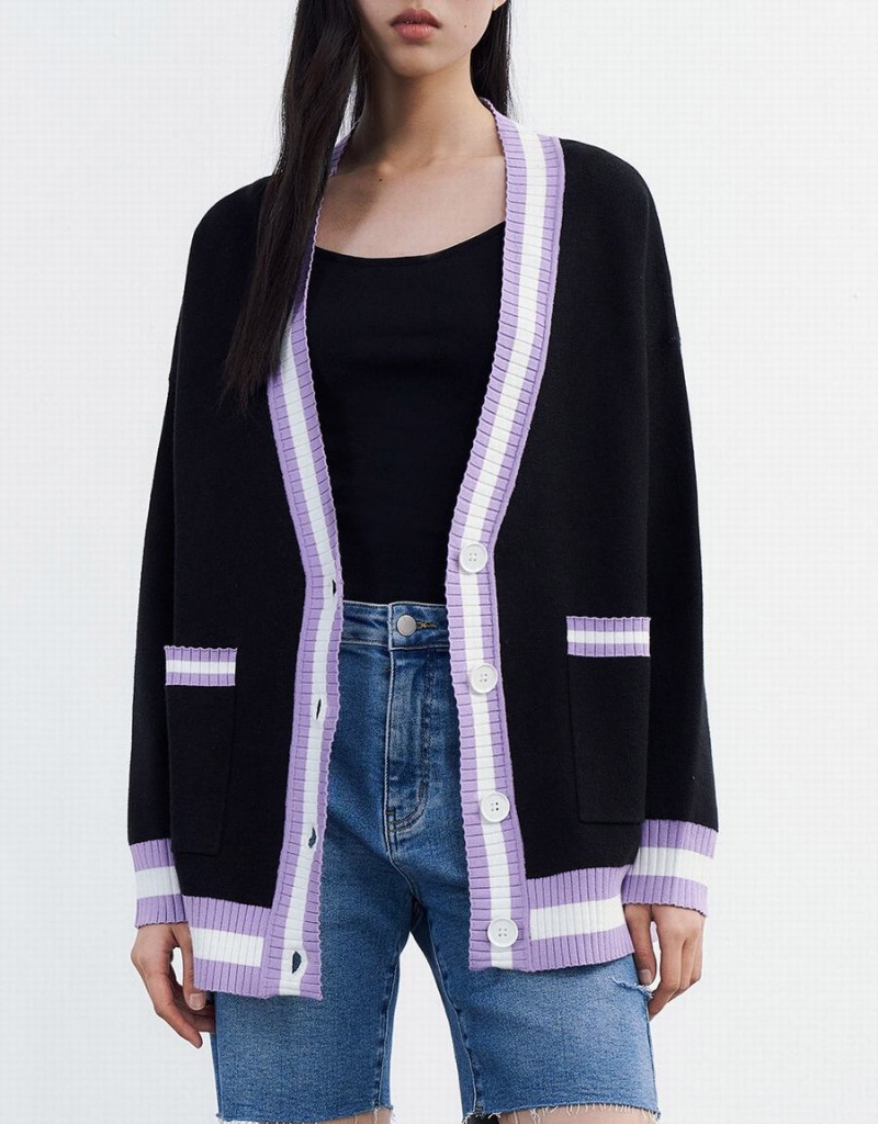 Cardigan Urban Revivo Contrast Trim Button Up Femme Noir | ZFI5553LB