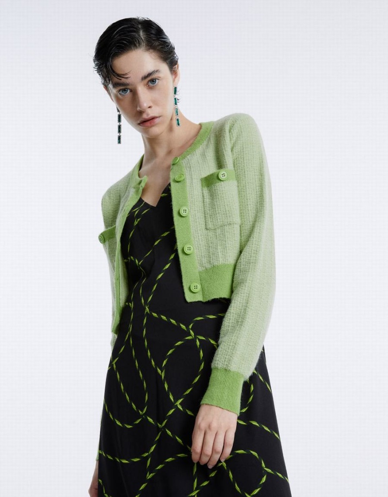 Cardigan Urban Revivo Contrast Trim Cropped Femme Vert | CBH7343QB