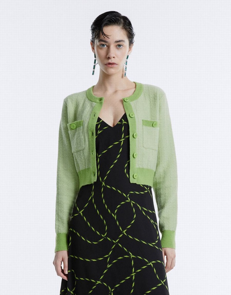 Cardigan Urban Revivo Contrast Trim Cropped Femme Vert | CBH7343QB