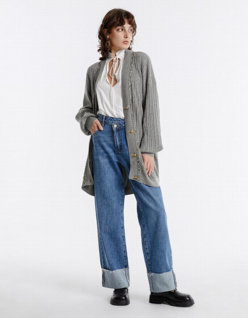 Cardigan Urban Revivo Contrast Trim Femme Grise Clair | NUV3550WZ