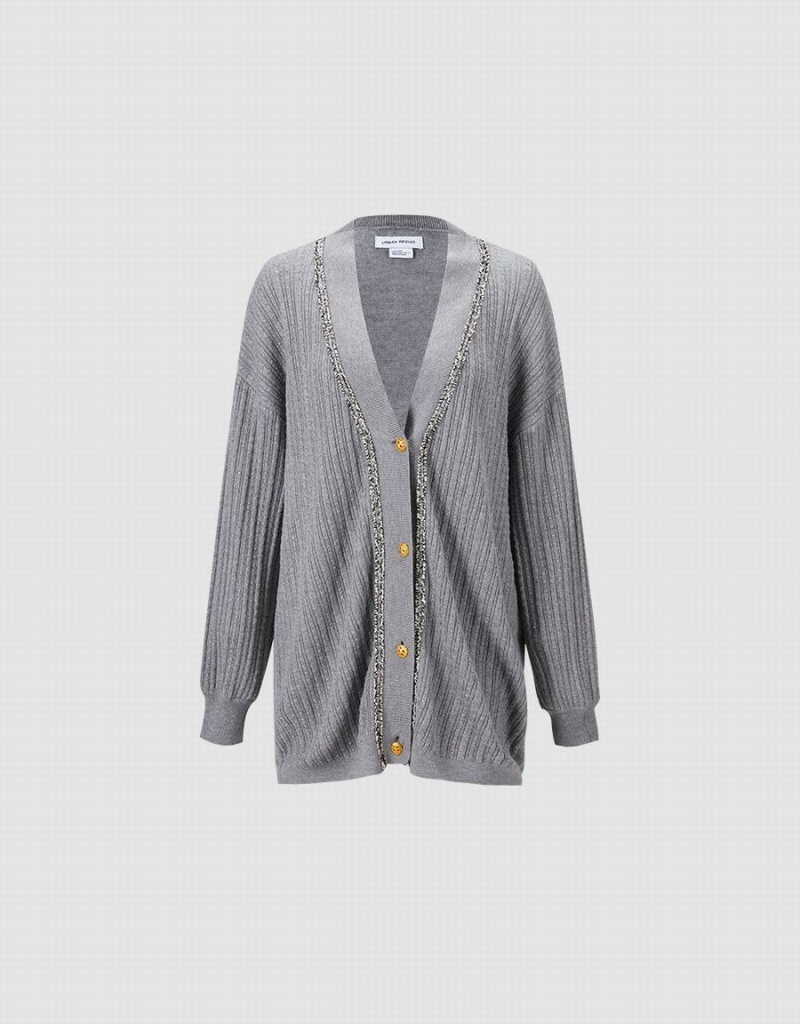 Cardigan Urban Revivo Contrast Trim Femme Grise Clair | NUV3550WZ