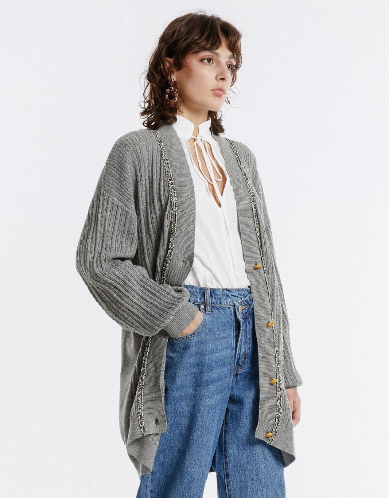 Cardigan Urban Revivo Contrast Trim Femme Grise Clair | NUV3550WZ