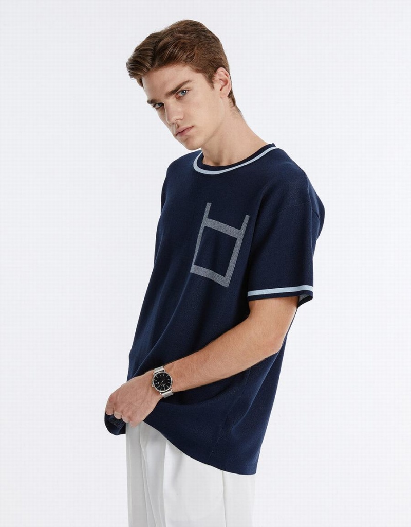 Cardigan Urban Revivo Contrast Trim Knit Homme Bleu | DRG1448PK