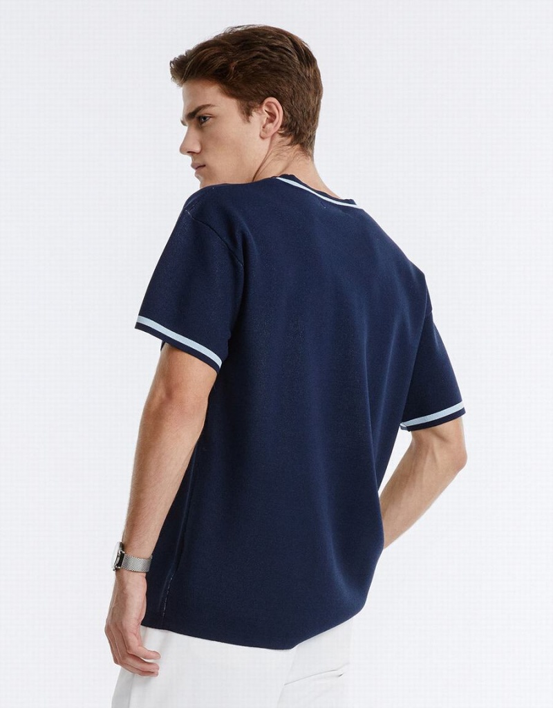Cardigan Urban Revivo Contrast Trim Knit Homme Bleu | DRG1448PK