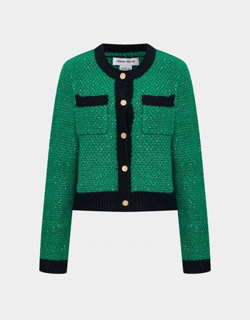 Cardigan Urban Revivo Contrast Trim Patched Pocket Femme Vert | SCJ9015QS