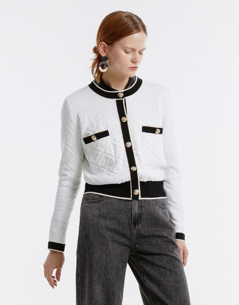 Cardigan Urban Revivo Contrast Trim Textured Femme Blanche | RIA3588HZ
