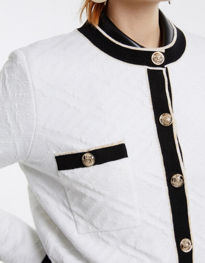 Cardigan Urban Revivo Contrast Trim Textured Femme Blanche | RIA3588HZ