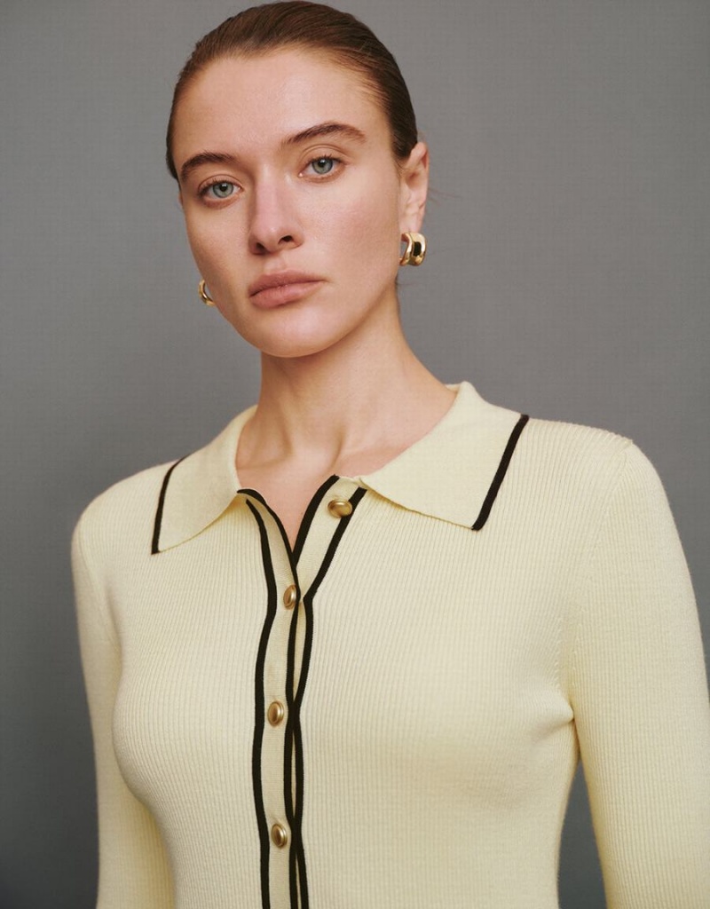 Cardigan Urban Revivo Contrast Trim Tricoté Femme Beige | YZJ6467KW