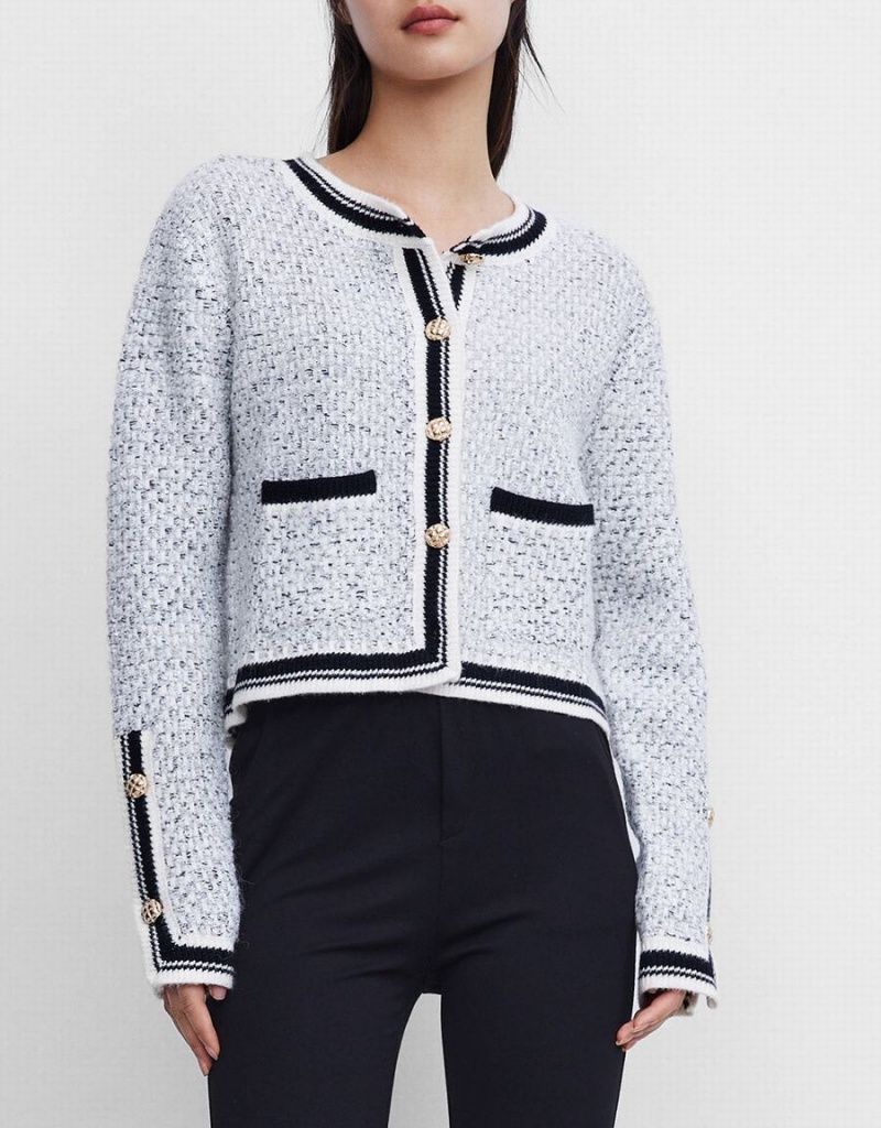 Cardigan Urban Revivo Contrast Trim Tweed Button Front Femme Grise | ZIA1038UA