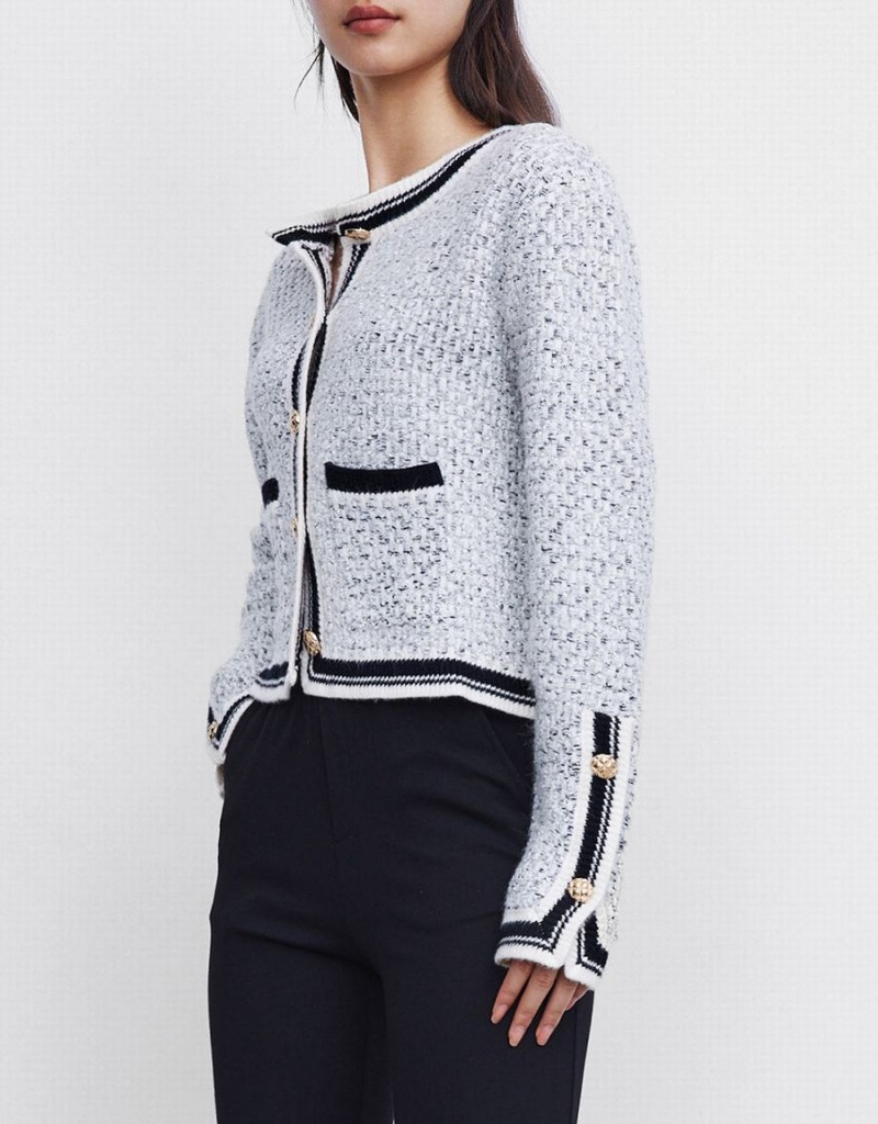 Cardigan Urban Revivo Contrast Trim Tweed Button Front Femme Grise | ZIA1038UA