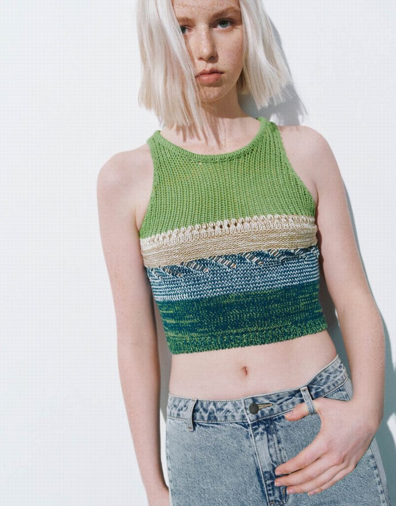 Cardigan Urban Revivo Crew Neck Femme Vert Multicolore | EZA9586KY