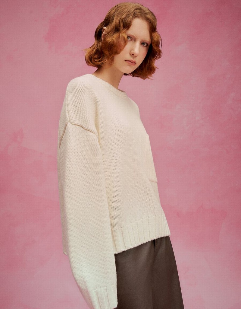 Cardigan Urban Revivo Crew Neck Tricoté Femme Blanche | OGO984LC