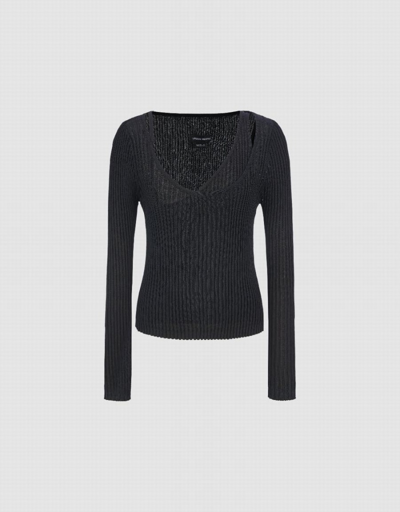 Cardigan Urban Revivo Crew Neck Tricoté Femme Noir | QPB6540GI