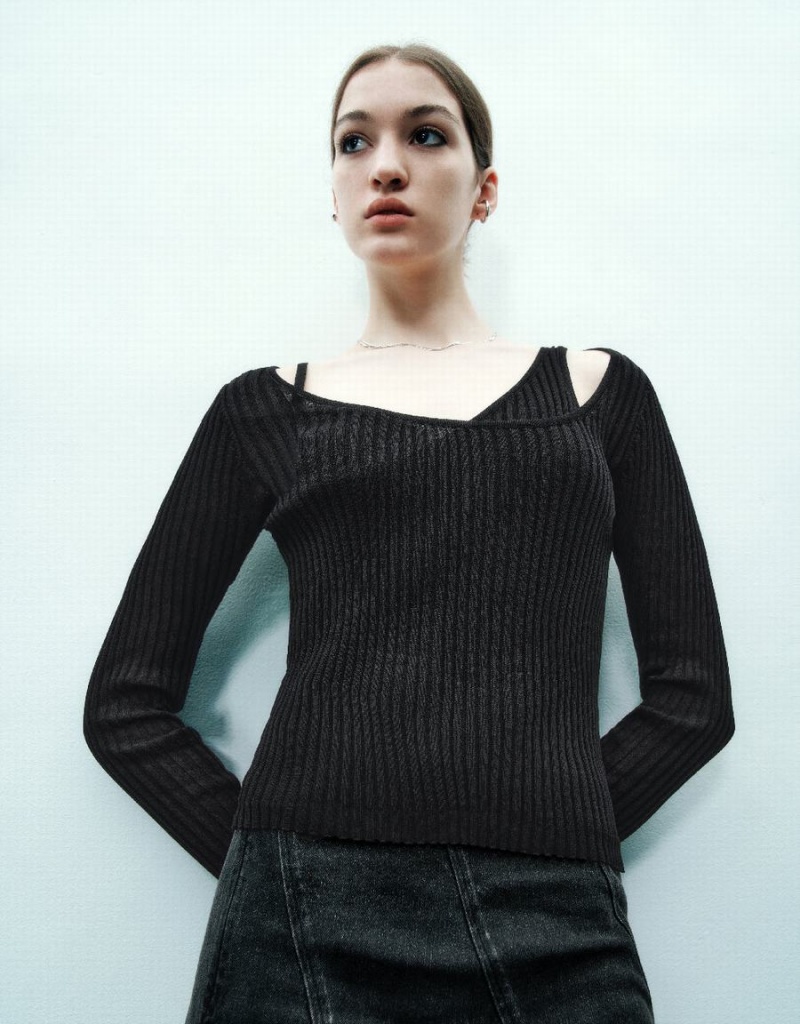 Cardigan Urban Revivo Crew Neck Tricoté Femme Noir | QPB6540GI