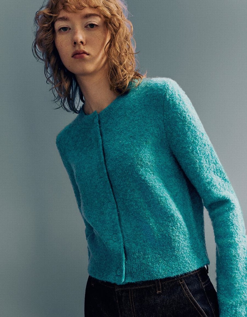 Cardigan Urban Revivo Crew Neck Tricoté Femme Bleu | GSM10066CC