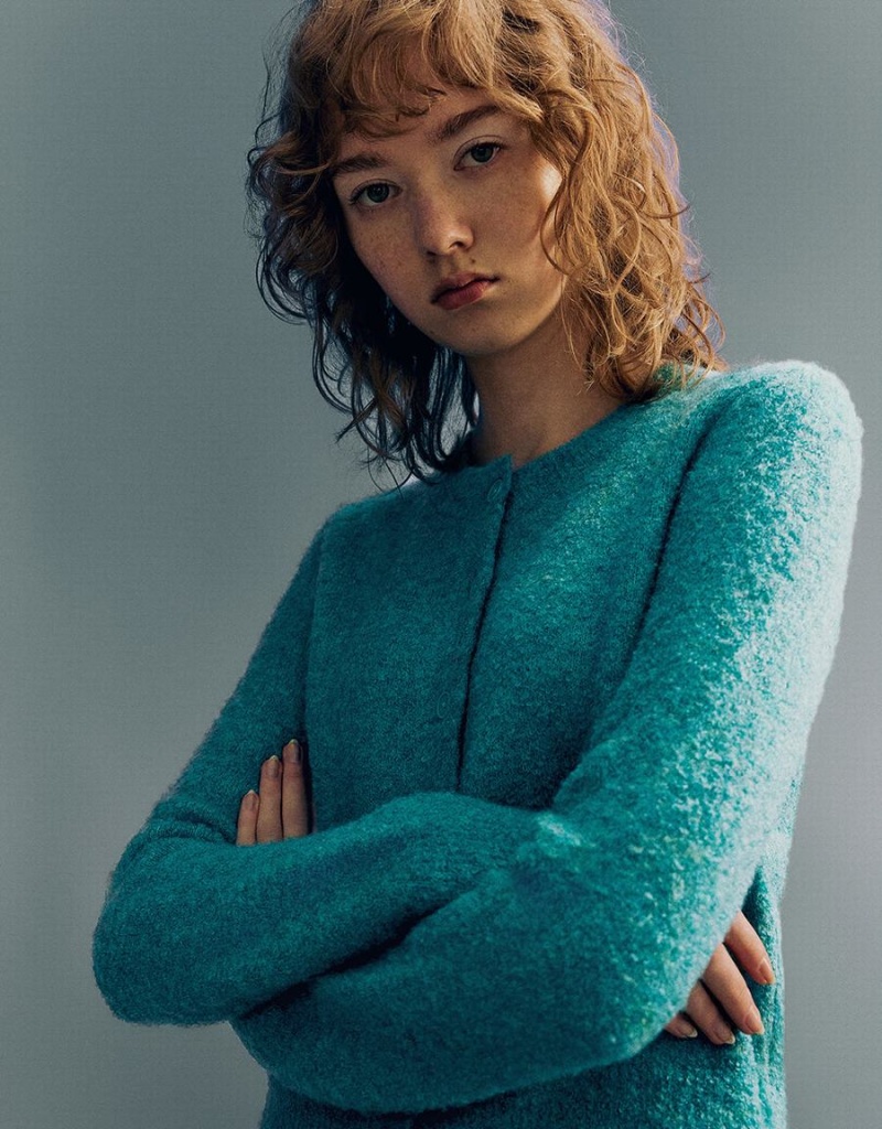 Cardigan Urban Revivo Crew Neck Tricoté Femme Bleu | GSM10066CC