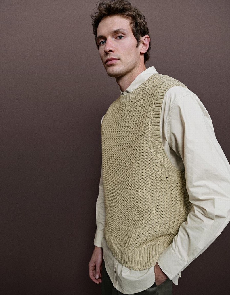 Cardigan Urban Revivo Crew Neck Tricoté Homme Kaki | VRG1798KN