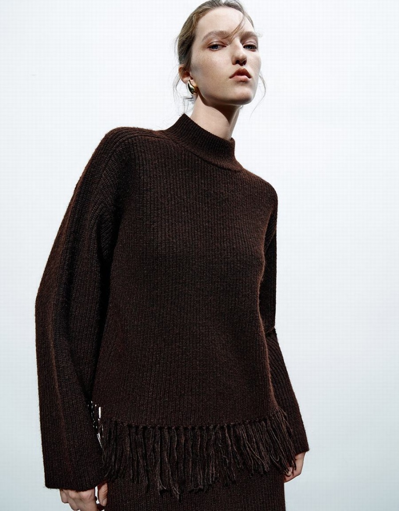 Cardigan Urban Revivo Crew Neck Tricoté With Tassel Femme Marron Foncé | MBM428DL