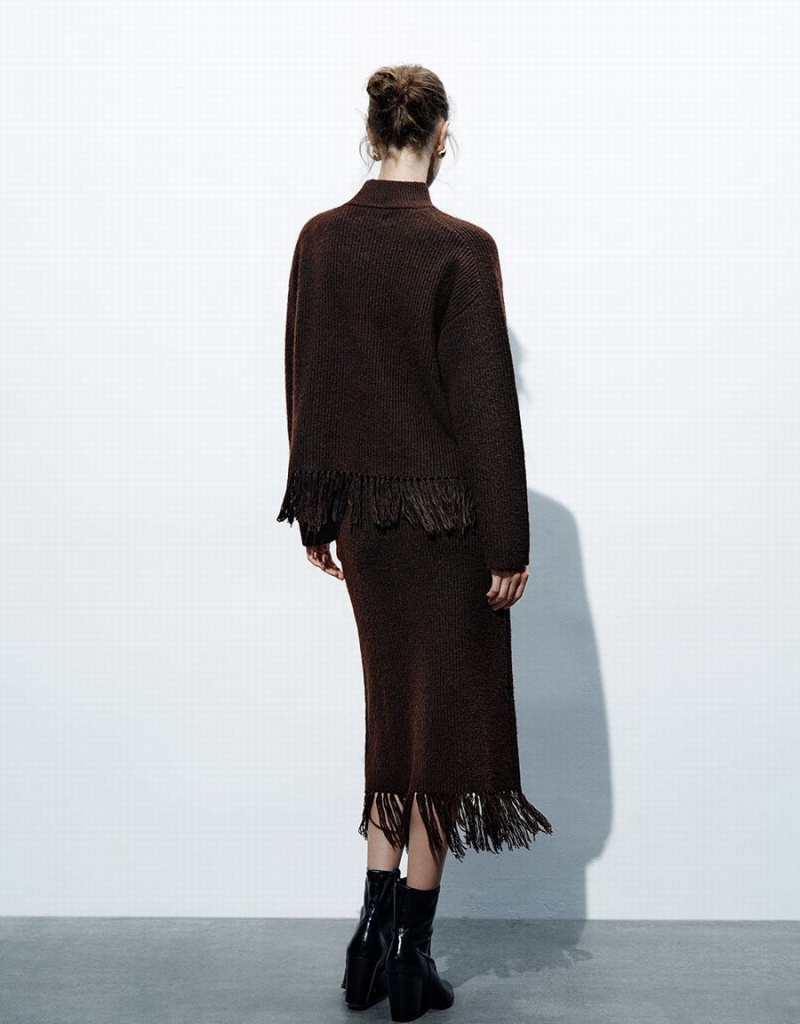 Cardigan Urban Revivo Crew Neck Tricoté With Tassel Femme Marron Foncé | MBM428DL
