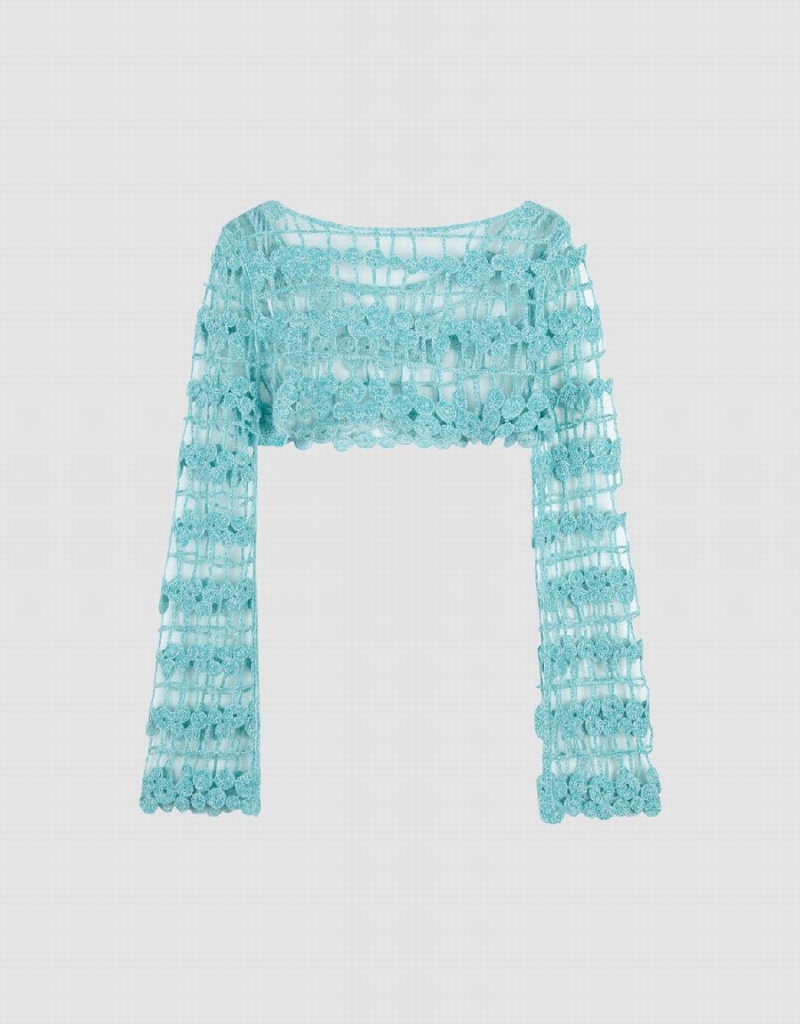 Cardigan Urban Revivo Crochet Tricoté Femme Bleu | BUX5945MD