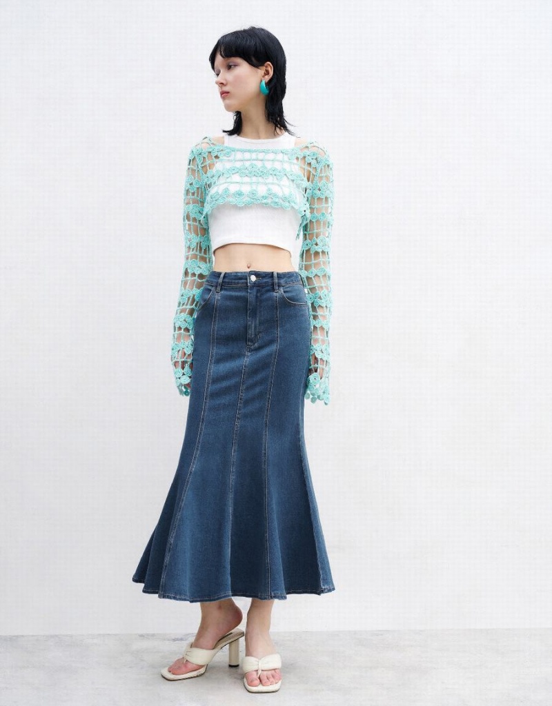 Cardigan Urban Revivo Crochet Tricoté Femme Bleu | BUX5945MD