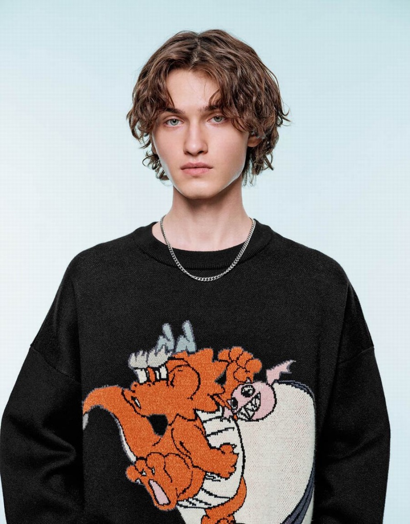 Cardigan Urban Revivo Dragon Embroidered Tricoté Homme Noir | YBI243HN