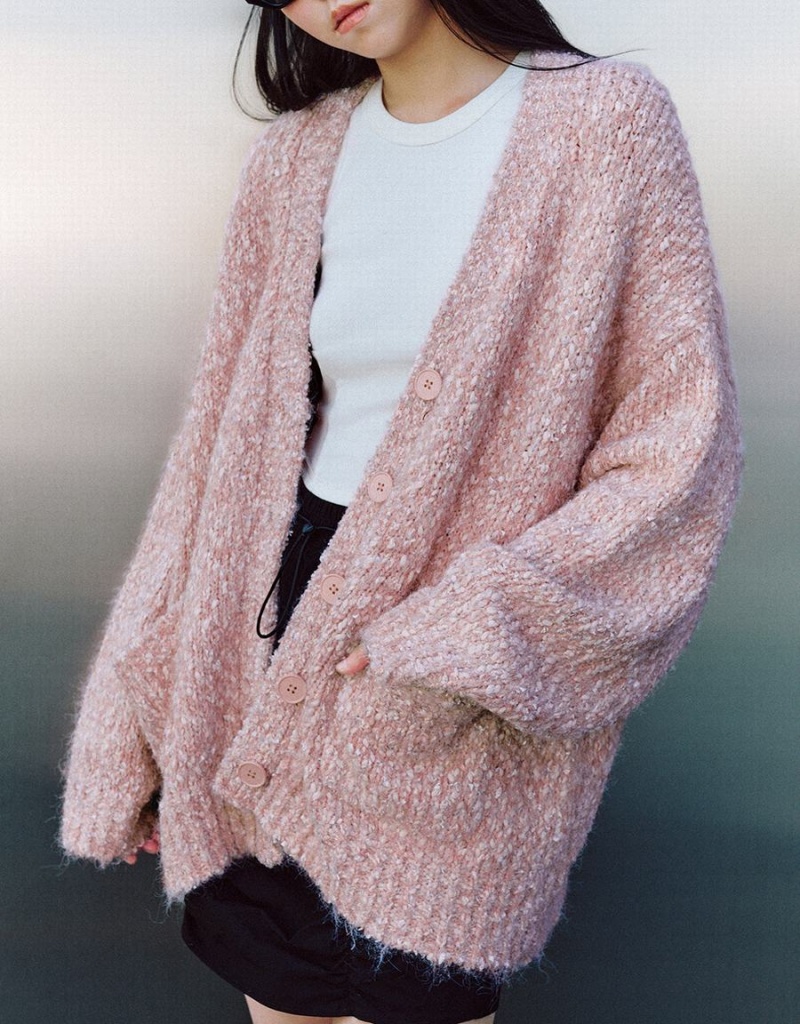 Cardigan Urban Revivo Drop Shoulder Sleeve V-Neck Tricoté Femme Rose | CBL8863XY
