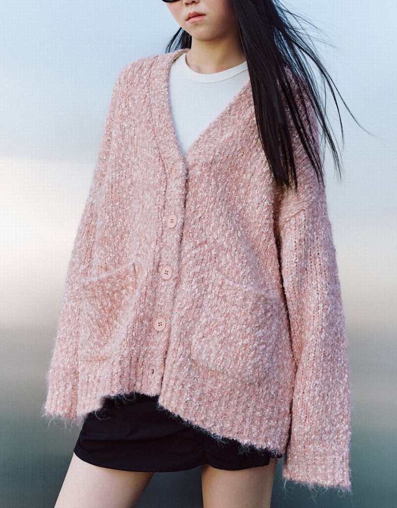 Cardigan Urban Revivo Drop Shoulder Sleeve V-Neck Tricoté Femme Rose | CBL8863XY