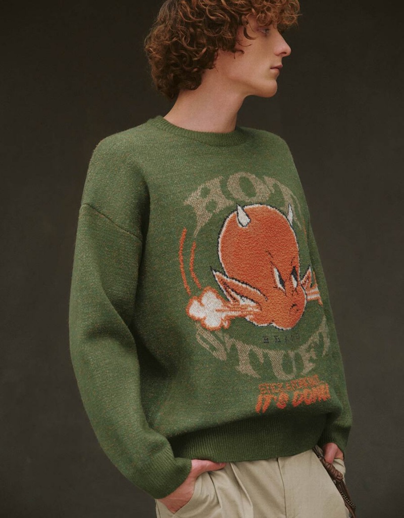 Cardigan Urban Revivo Drop Shoulder Sleeve Crew Neck Tricoté Homme Vert | ALN3949KD