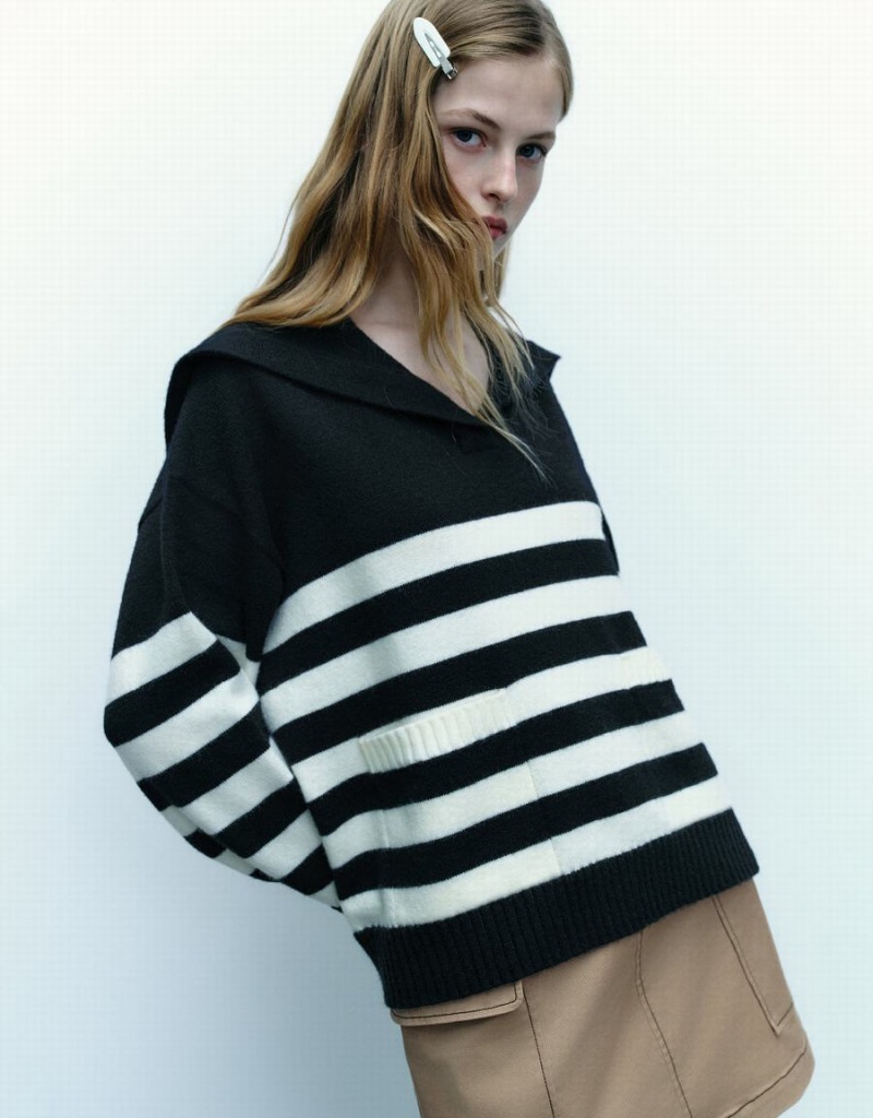 Cardigan Urban Revivo Drop Shoulder Sleeve Rayé Tricoté Femme Noir | TBI570VX