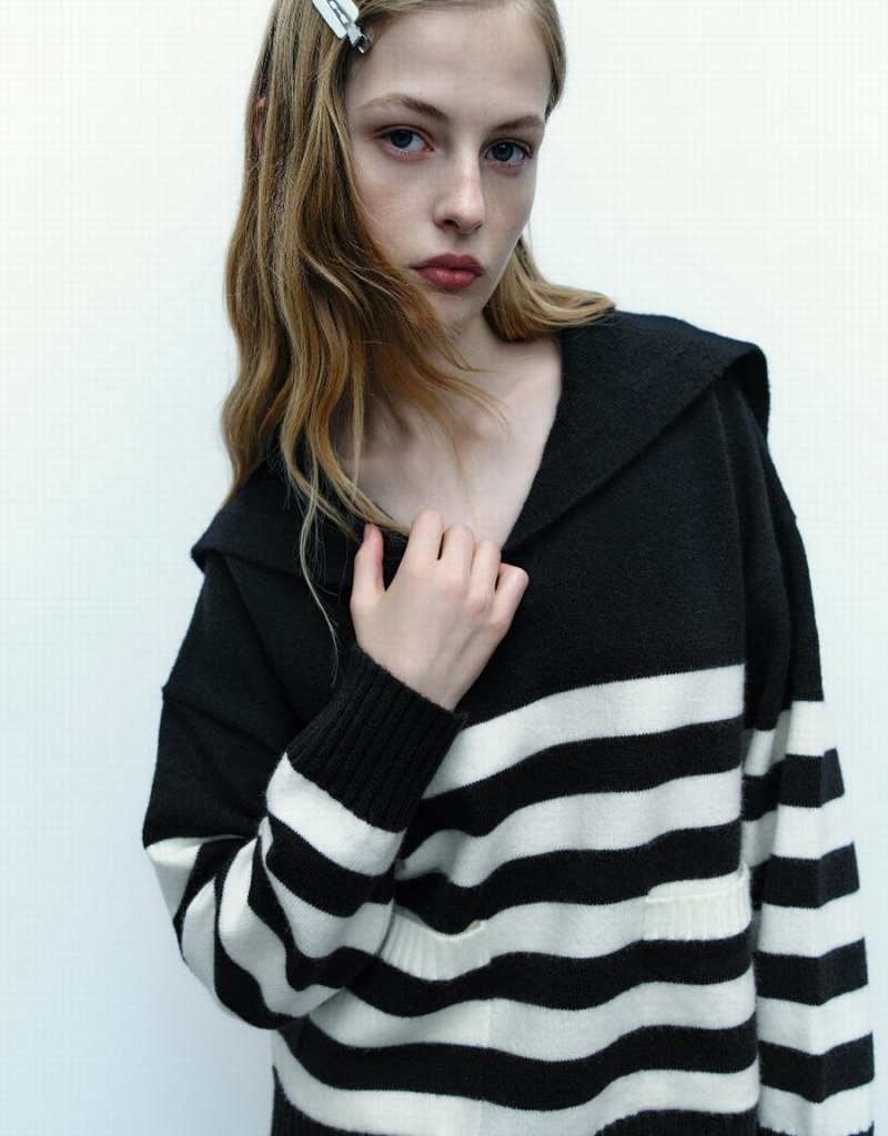 Cardigan Urban Revivo Drop Shoulder Sleeve Rayé Tricoté Femme Noir | TBI570VX