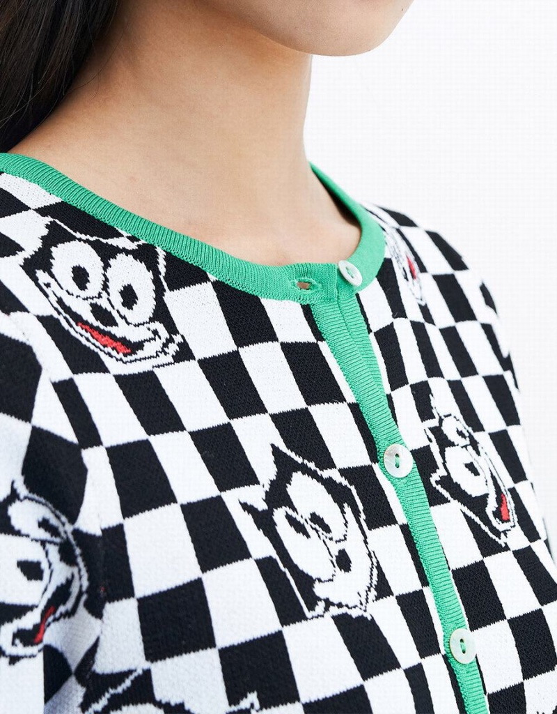 Cardigan Urban Revivo Felix The Cat Checkered Corta Sleeve Femme Noir Blanche | UQW4815JJ